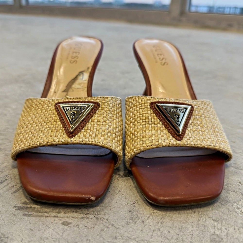 GUESS Women's Beige/Brown Raffia Logo Slide Sandals Slip-On Open Toe US 5M